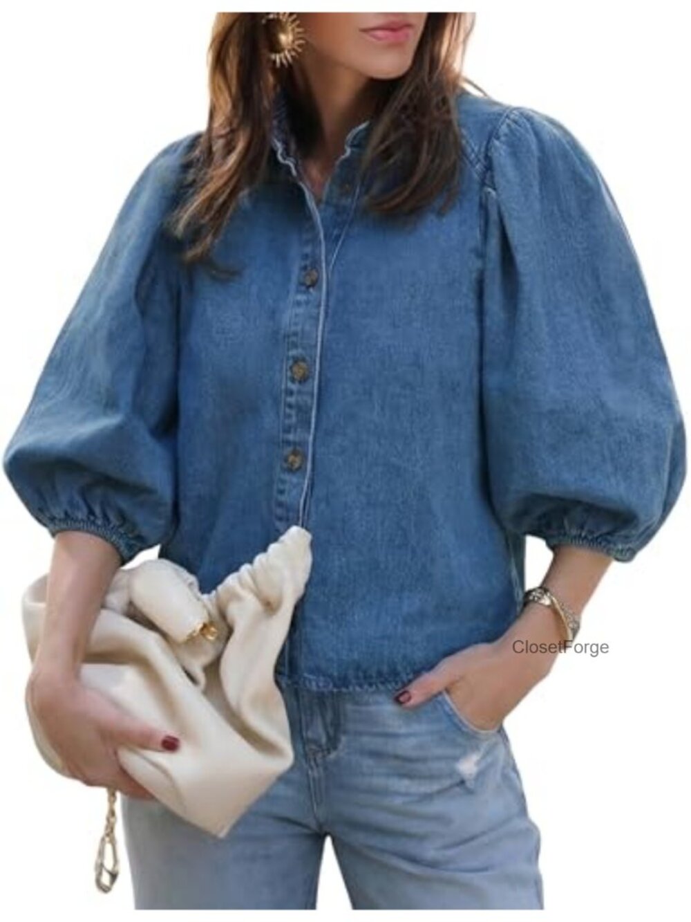 Women's Denim Shirt, Button Down Short Puff Sleeve Jean Top